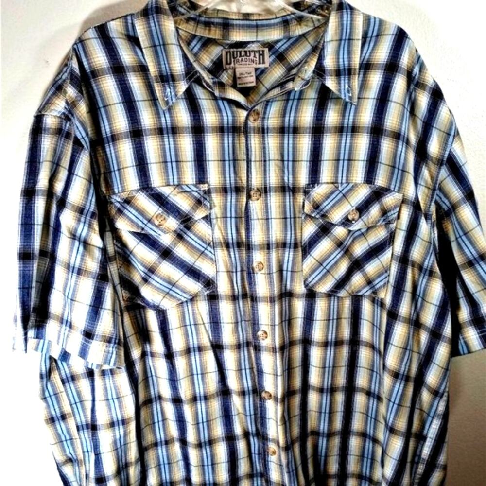 Duluth Trading Shirt Men's Size 2XL Tall Short Sleeve Button Front Blue Plaid